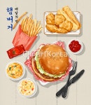 (주) 감자튀김,맛,메뉴,배달음식,사람없음,식당,음식,일러스트,치즈스틱,치킨너겟,칼,케첩,콘샐러드,테이블,패스트푸드,포크,하이앵글,햄버거