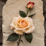 Une rose posée sur de la pierre beige un peu rugueuse, lumière douce - AI 이미지 생성기 프롬프트