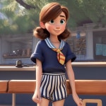 Menina de cabelo amarrado com short listrado e blusa azul marinho personagem pixar - AI 이미지 생성기 프롬프트