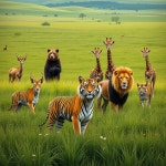 In a green meadow standing are deer, tigers, bears, lions, giraffes, - AI 이미지 생성기 프롬프트