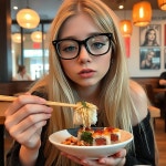 Una ragazza aesthetic coi capelli biondi con la frangetta lisci lunghi e gli occhiali neri e un pochino da gatto poi qualche lendina... 