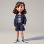 Menina de cabelo amarrado com short listrado e blusa azul marinho personagem pixar - AI 이미지 생성기 프롬프트