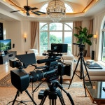 “Content creator at content luxury mansion with camera and editing tools, lifestyle setup” - AI 이미지 생성기 프롬프트