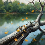 湖中倒下的樹幹上有蟬 有虅葉 調色刀油畫 - AI 이미지 생성기 프롬프트 湖中倒下的樹幹上有蟬  有虅葉 調色刀油畫 - AI 이미지 생성기 프롬프트