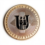 Mettalic coin with a black letter U on it and an a black icon of a couple in between the letter U - AI 이미지 생성기 프롬프트