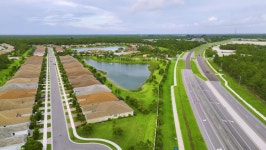 Aerial of mobile homes, trailer park, housing tightly compact, aerial drone view, establishing shot of residences in United... 