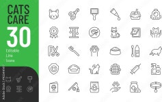 Cats Care Line Editable Icons set. Vector illustration in modern thin line style of pets keeping related icons: accessories, toys... 