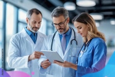 Pharmaceutical sales representative presenting medication to doctors in modern healthcare setting with nurse and manager using... 