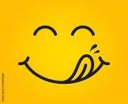 Yummy smile emoticon with tongue lick mouth. Tasty food eating emoji face. Delicious cartoon with saliva drops on yellow... 