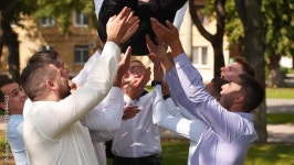Slow motion. Bottom view. Stock 비디오 | Adobe Stock Groomsmen toss groom in the air. Man flexing and having fun with best... 