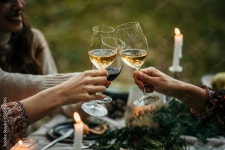 Smiling young woman toasting white wine with friends during an outdoor party. Young people enjoy at a party with a focus on wine... 