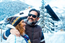 Happy young mature couple of tourist enjoy together winter holiday vacation time.... Travel man and woman concept lifestyle Love... 