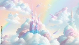 Rainbow unicorn castle in the cloud sky of fantasy background by generative AI Stock Illustration | Adobe Stock Rainbow unicorn... 