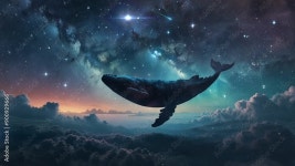 whales swimming above the clouds full of stars at night. Virtual 4K video animation background with looping time lapse with very... 