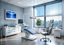 A modern dental exam room with a futuristic vision chart on the wall, surrounded by sleek equipment and a comfortable patient... 
