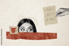 Creative trend collage of funny female peek amazed restaurant cafe bill paper note template metaphor psychedelic pinup Stock... 