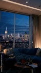 A cozy living room with a panoramic cityscape view at night. The camera angle is wide, capturing a cinematic video feel with... 