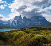 Torres del Paine National Park with snow capped mountains (Cordillera Paine) covered in the clouds and lush green vegetation on the... 