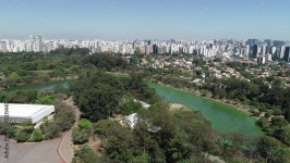 Aerial view of Ibirapuera park in Sao Paulo city, Brazil. Prevervetion area with trees and green area of Ibirapuera park. Office... 