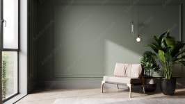 Room with green wall and wooden floor with pink modern armchair. Bright room interior mockup. Empty room for mockup. 3d... 