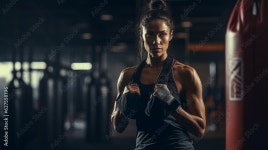 Striking image of a female boxer at work in a dimly lit gym - a vivid portrayal of determination and power Stock Photo | Adobe... 