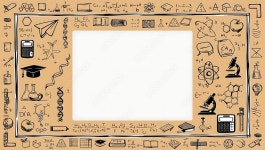 Educational beige image featuring a blank white center framed by scientific doodles of lab equipment, DNA, and math symbols... 