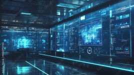 A tech startup demo showcasing a new app to potential investors on large digital screens in a futuristic office Stock Photo... 