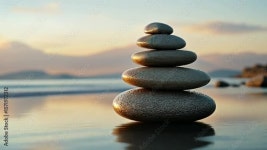 Balanced rocks pyramid on water with Golden light natural peace... Download Balanced rocks pyramid on water with Golden light... 