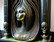 Stylized artwork of central figure with Egyptian headdress and skull vases | Deep Dream Generator HR_G | Deep Dream Generator