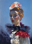 Vintage woman portrait with flower hat and ruffled collar on blue background | Deep Dream Generator 6454 | Deep Dream Generator