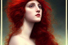 Digital portrait of woman with flowing red hair and striking gaze on dark background. | Deep Dream Generator preraphaelite woman... 