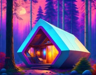 Futuristic cabin with neon lighting in mystical purple forest | Deep Dream Generator Cabin in the woods | Deep Dream Generator