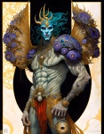 Blue-skinned figure in ornate attire with golden eyes and horns | Deep Dream Generator my gym instructor... | Deep Dream Generator