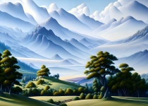 Tranquil landscape: green hills, trees, misty mountains, pastel sky | Deep Dream Generator Wolkenberge | Deep Dream Generator