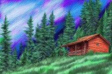 Vibrant twilight sky over rustic wooden cabin and evergreen trees | Deep Dream Generator CABIN ON A HILL.... | Deep Dream Generator
