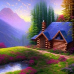 with blue roof surrounded by pink flowers, stream, pines, and mountain | Deep Dream Generator MOUNTIAN CABIN | Deep Dream Generator