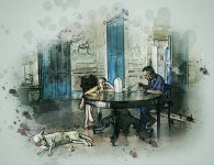 무료 이미지 : 남자, 사람들, 소녀, 개, 동물, 식품, 인간의, 페인트, 휴식, 먹다, 아파트, 점심, 그림, 쿠바, 스케치, 플랫, 단절, 피곤한... 