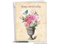 J6585HMDG Jumbo Mothers Day Card: BLOOMING URNS - Featuring Beautiful Watercolor Blooms and Birds Combined with Black and White... 