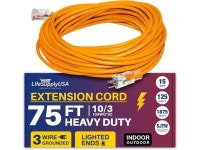 75 ft Extension Cord 12/3 SJTW with Lighted end - Black - Indoor / Outdoor Heavy Duty Extra Durability 15 AMP 125 Volts 1875... 
