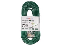 75 ft extension cord 12/3 3-outlet sjtw with lighted end - green - indoor / outdoor heavy duty extra durability 15amp 125v 1875w... 