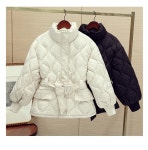 한국 세련된 가을과 겨울 프랑스 부드러운 스탠드 칼라 웨이브 엠보싱 디자인 레이스 업 허리 긴 소매면 패딩 코트 • 1688 • 어이사마켓... 