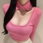한국 동대문 새 개인 의류 버전 6 ~ 슈퍼 욕망 작은 옷깃 할로우 로우 컷 허리 긴 소매 티셔츠 • 1688 • 어이사마켓 | 어이사마켓 한국 동대문... 