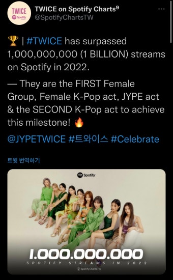 트와이스, 2022년 스포티파이 10억 스트리밍 돌파 : 클리앙