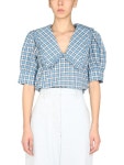 가니(GANNI) 빅 카라 벌룬 슬리브 체크 블라우스 F6853_244 | jentestore