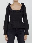 가니(GANNI) 러플 디테일 스모크 코튼 블라우스 탑 F7558099 | jentestore