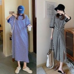 단가라 여성 반팔 롱 원피스 밑트임 허리조임 A라인 - 오너클랜 오너클랜 - 단가라 여성 반팔 롱 원피스 밑트임 허리조임 A라인