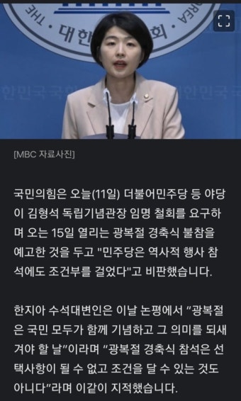[속보] 국민의힘, '야당 광복절 경축식 불참 예고'에 
