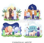 Set bundle of happy muslim family celebrates eid al adha mubarak with a goat in a front mosque. vector illustration. Set | CanStock