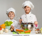 Two little chefs cook and smile. Two little chefs in white uniform cook and smile. | CanStock