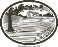 Wood cut with barn scene. Woodcut style illustration of a rural barn scene. | CanStock
